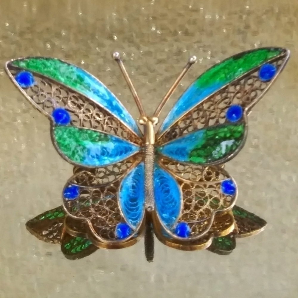 Sterling 800 Silver Butterfly Vintage Estate Pin/Brooch in Blue and Green